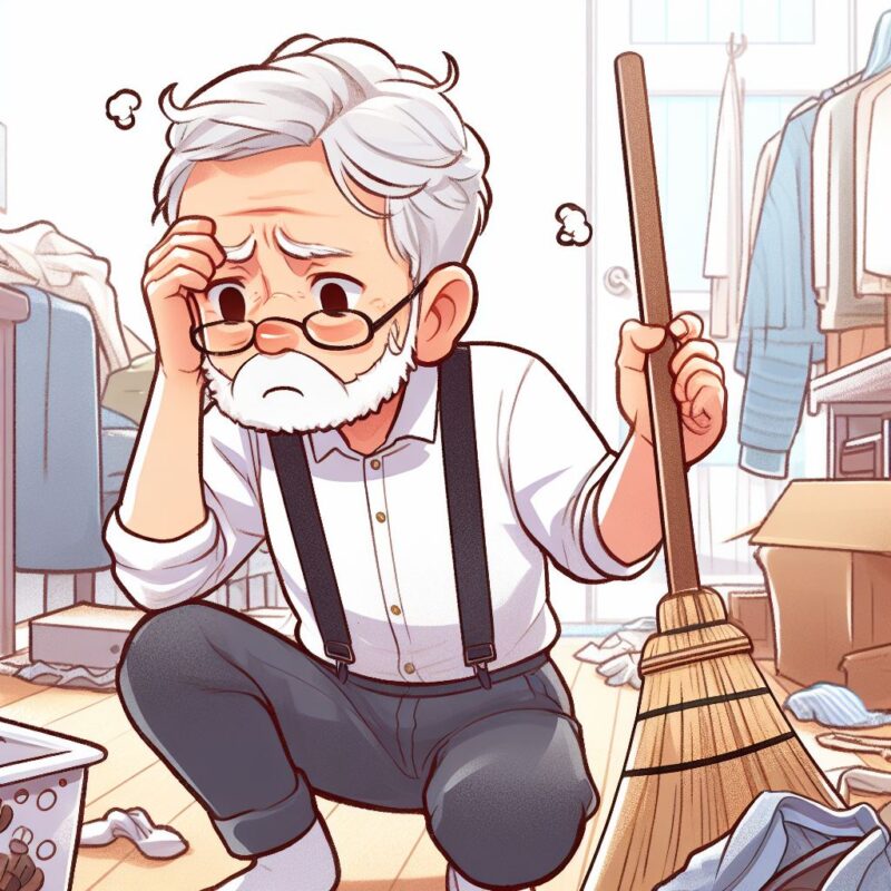 掃除に苦慮する老人